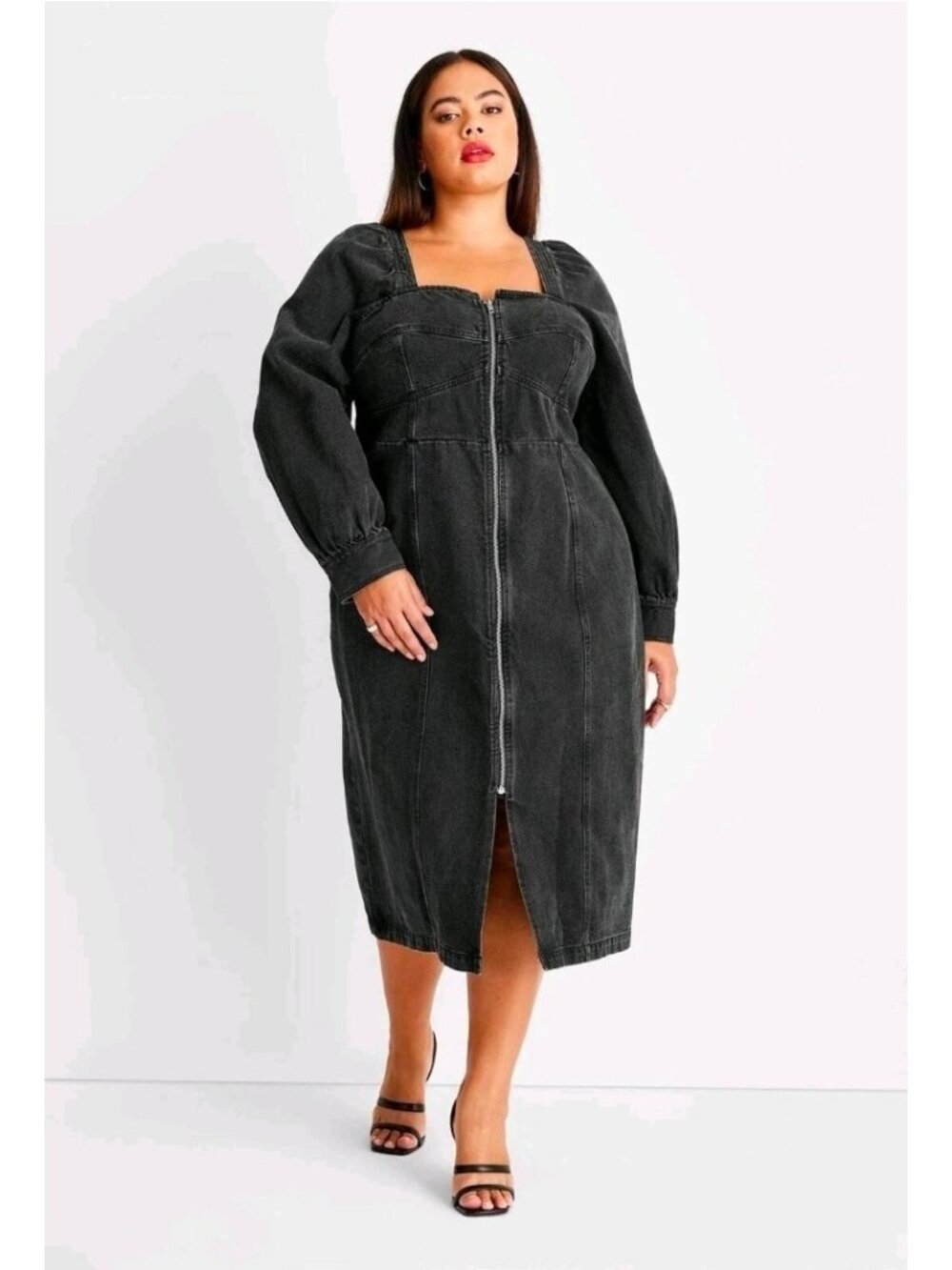 Future Collective X Barfield Black Denim Midi Aline Dress 24/26W Smocked Sexy
